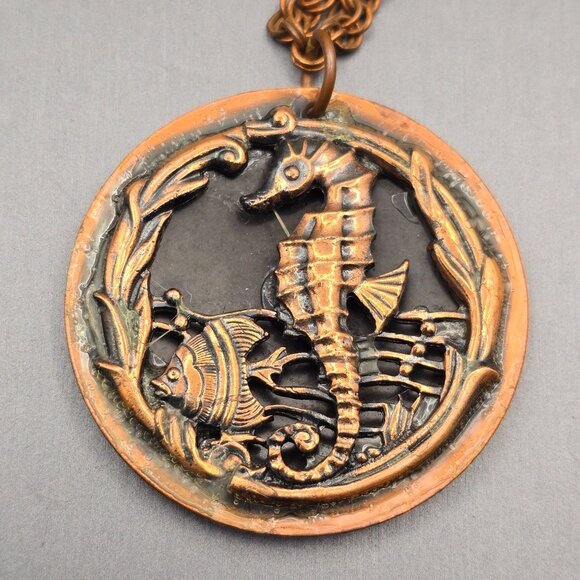 VTG Solid Copper Seahorse & Fish Pendant Necklace 20" Double Round Link Chain - Picture 3 of 10